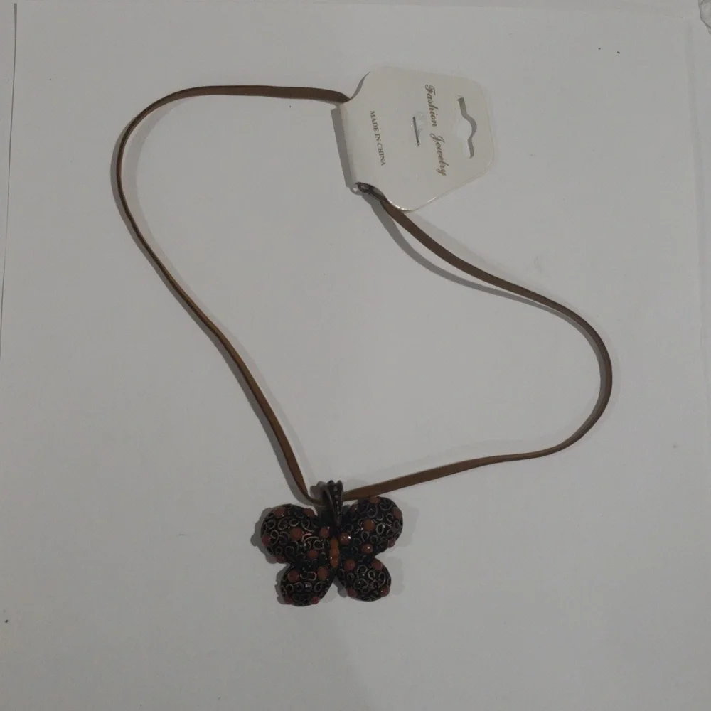 Brown Cord Filigree Butterfly Design Pendant Necklace - Women's Fashion Jewelry